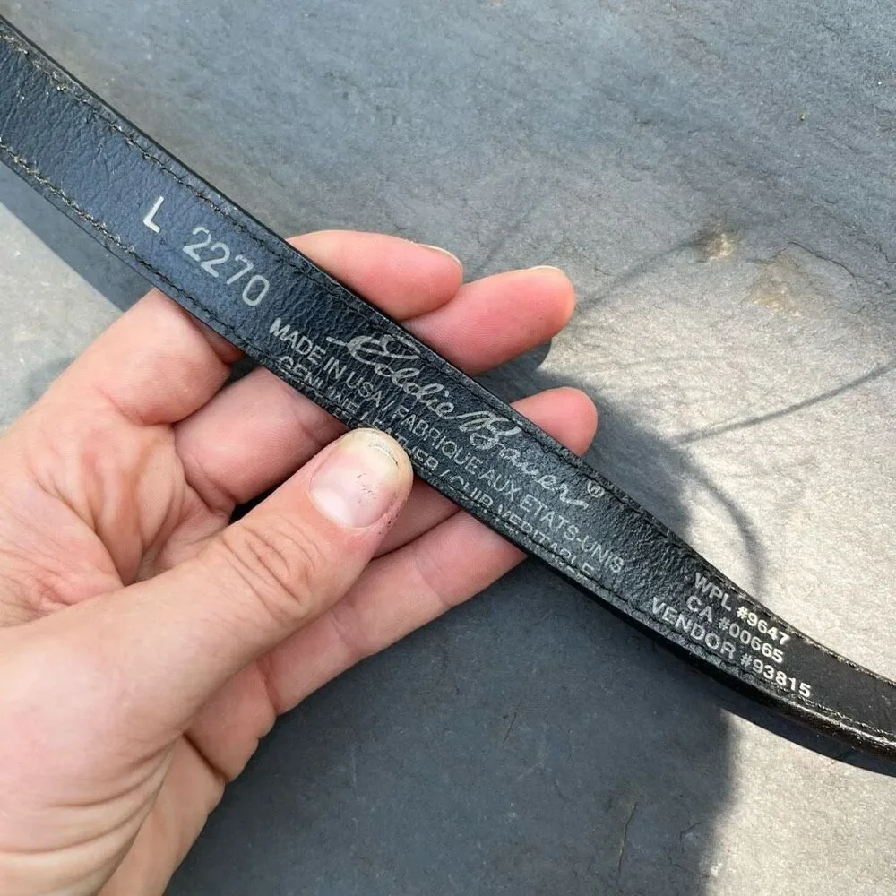 Vintage Eddie Bauer Black Leather Belt L Silver Buckle Link Detail 29–33